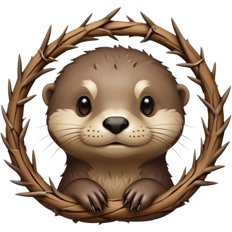 cute otter portrait with thin horizontal thorny branch circling only the forehead, exactly like Jesus Christ's Crown of thorns, no crown shape on top, no metal, just a single wooden thorny stem wrapped horizontally emoji