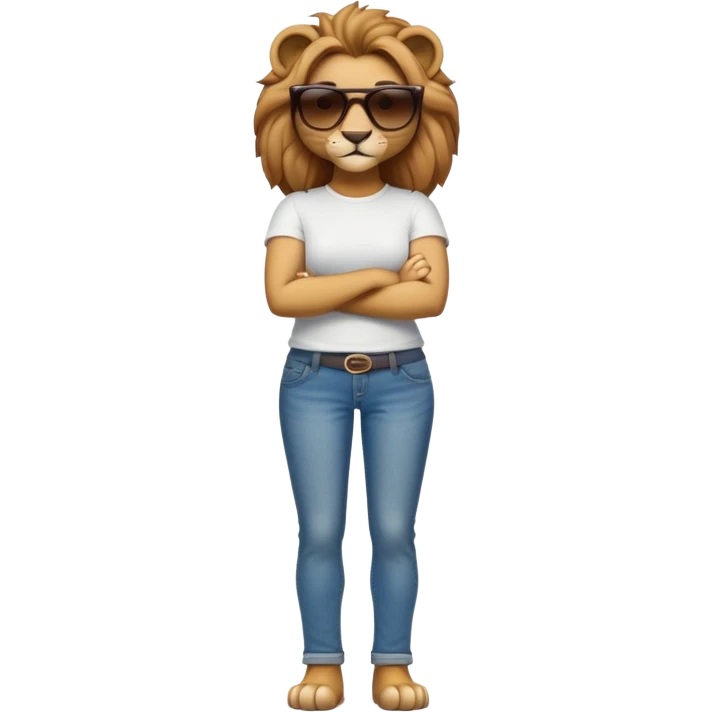 friendly anthropomorphised female lion character, full body, standing confidently with legs shoulder width apart and arms folded, wearing jeans, a white t-shirt, and dark sunglasses, with a confident smile emoji
