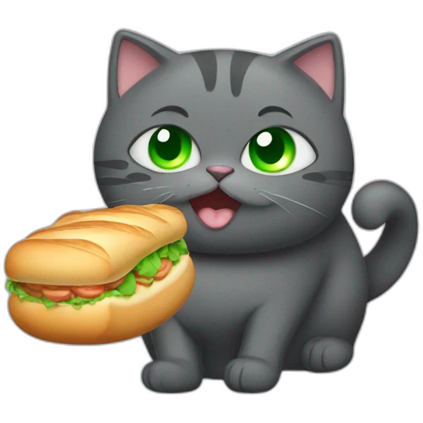 happy dark grey fat cat with green eyes and short tail eating a baguette emoji