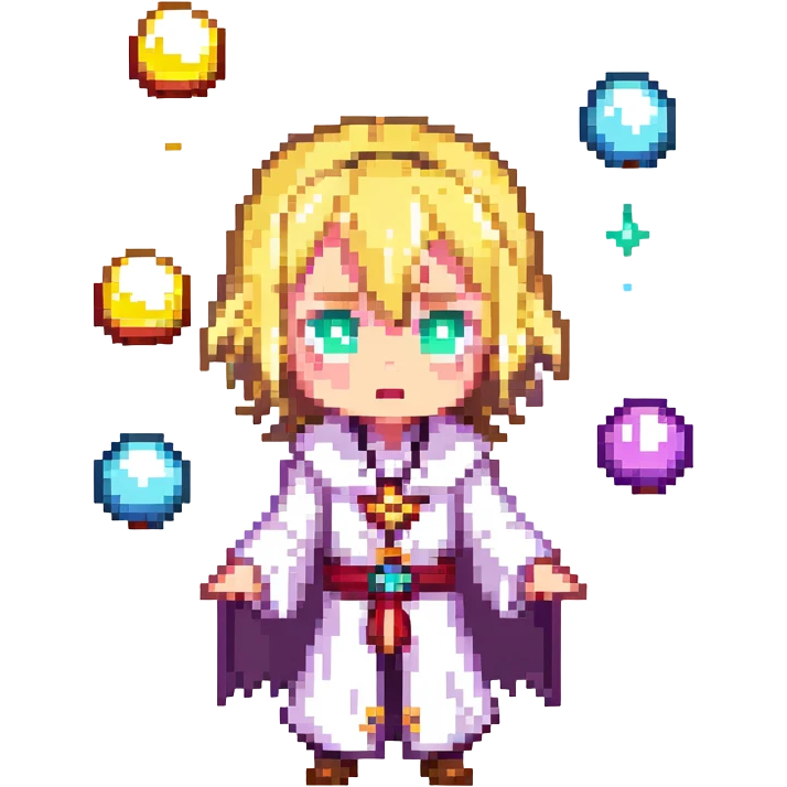 chibi Invoker from Dota 2, shocked, magical orbs floating, colorful, expressive, pixel art style, standing, transparent background, 512x512 emoji