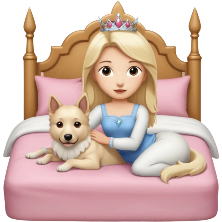 White Belgian shepherd dog with Brown eyes sleeping On a Princessbed with a blonde lady with blonde hair emoji