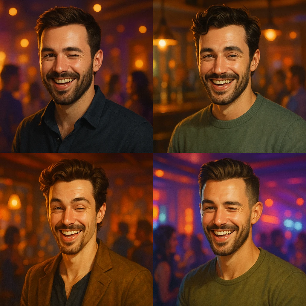 smiling man winking flirting, varied styles, bar or party environment emoji