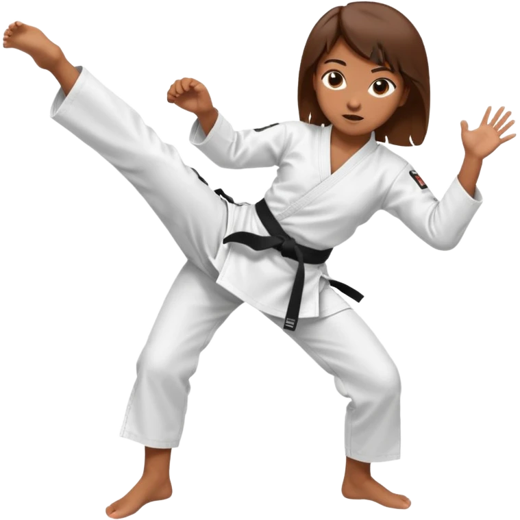 Ragazza castana che pratica karate, ha la cintura nera ed io tradizionale kimono bianco del karate, tira un calcio laterale  emoji