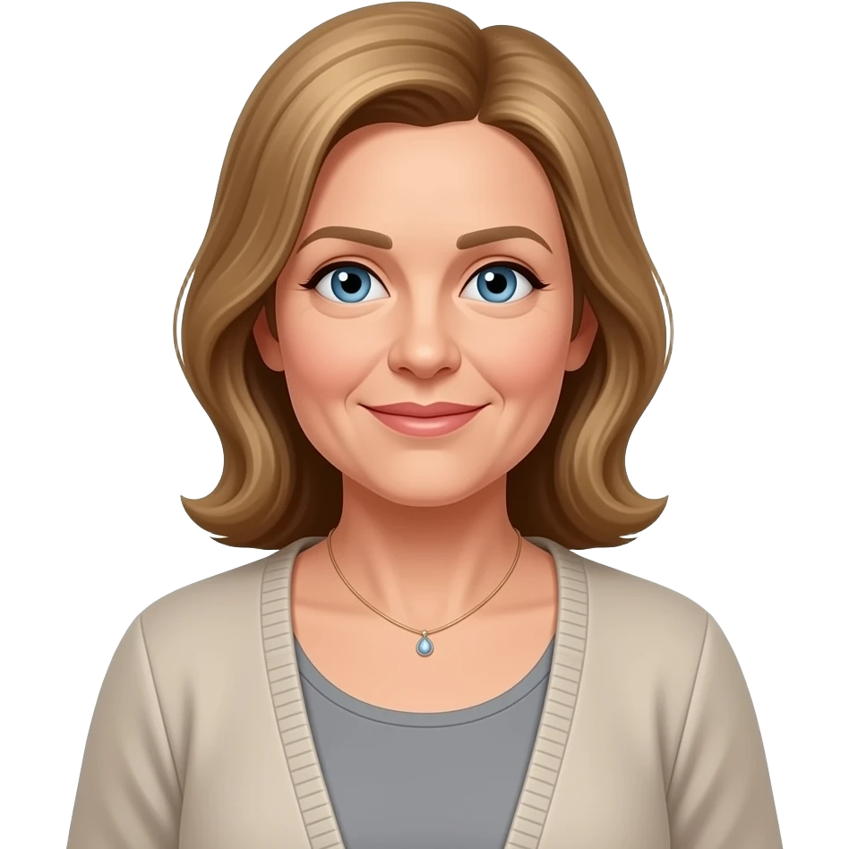 Blue eyes, fair skin, longer blonde/brown hair, larger frame, middle aged women, cardigan, grey top,small necklace emoji