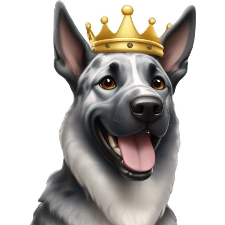 A smiling malinois dark blue merle without r color with a crown on his head emoji