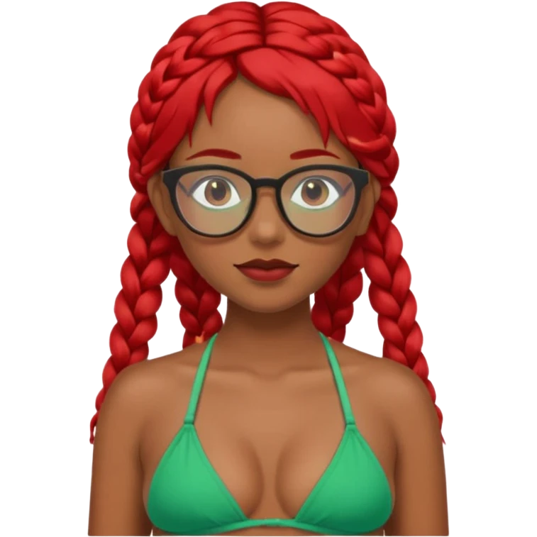 Dark Tan girl with two long red plaits and red rimmed  glasses, green bikini top,  head neck and shoulder shot only emoji