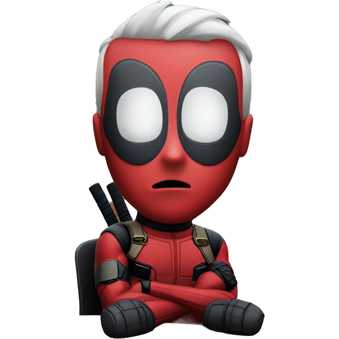 Cute Deadpool sitting at a desk, front view emoji