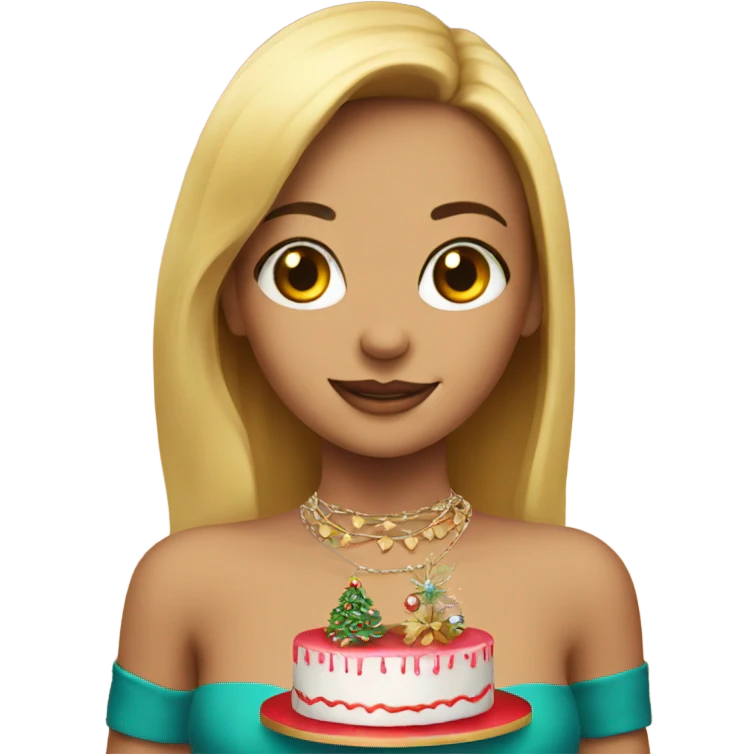 girl with cake and jewelry with christmas tree emoji