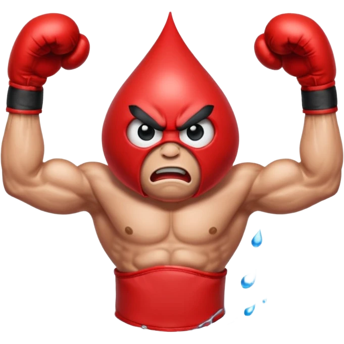Gota de agua con cara de enfado y unos guantes de boxeo, que tenga brazos y piernas musculados emoji