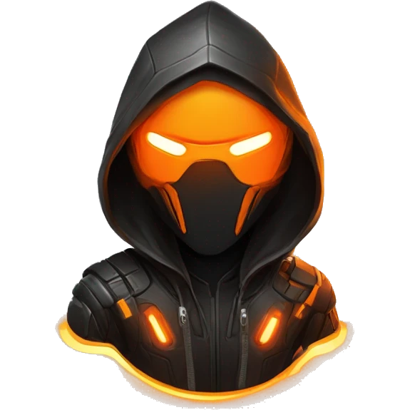  developer behind his laptop with this style : crysis Cyberpunk Valorant orange glowing bright orange character orange black hooded assassin themed character emoji