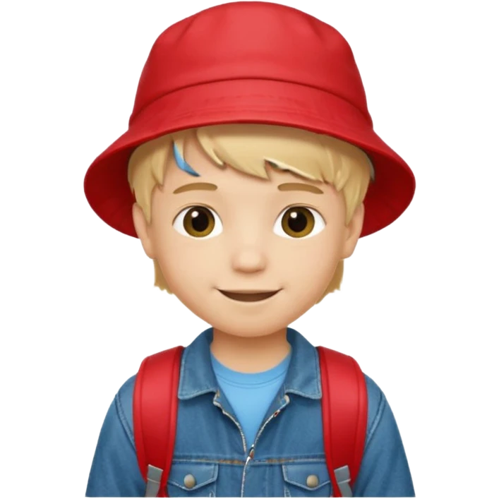 A little boy student, blonde hair, with red bucket hat, jean jacket, backpack emoji
