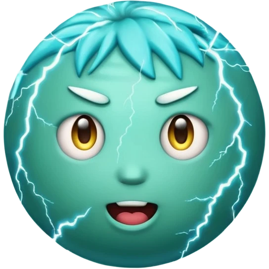 Uranus emoji in Apple style with a quirky face, blue-green planet, surrounded by lightning bolts, wild and chaotic expression, and rings emoji