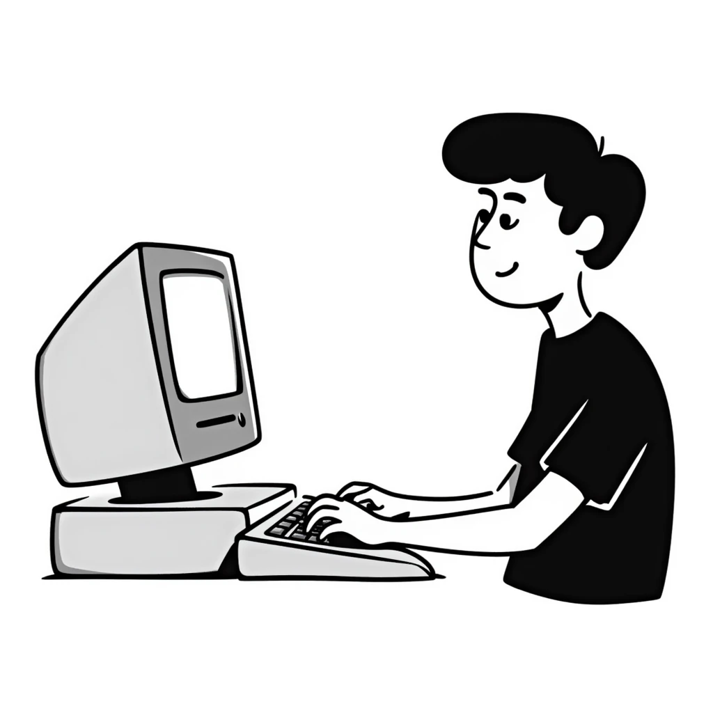 Young man with modern haircut sitting at a vintage desktop computer with large CRT monitor and floppy disk drive emoji