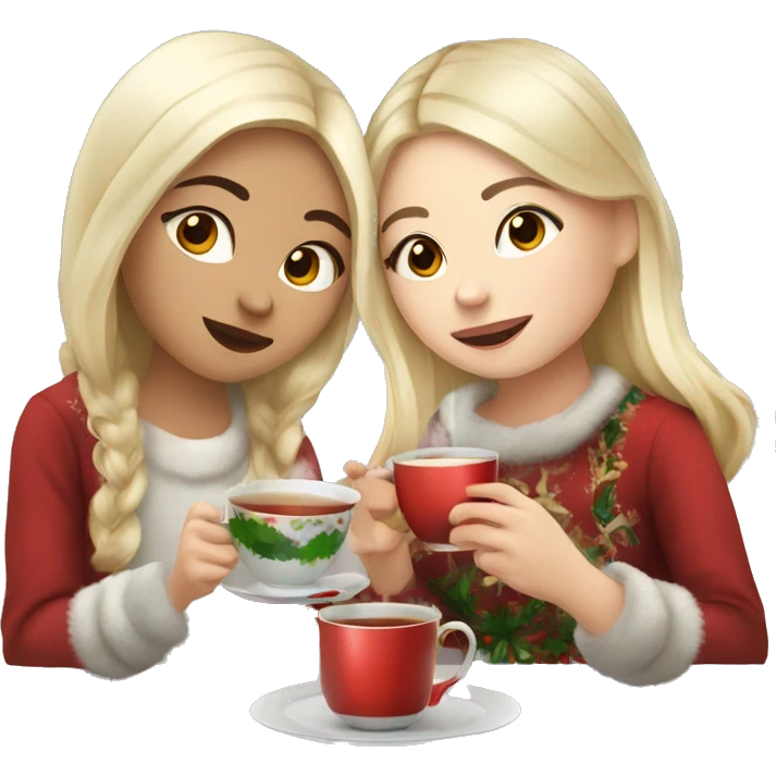 Russian blonde girl and Asian girl drinking tea at Christmas time emoji
