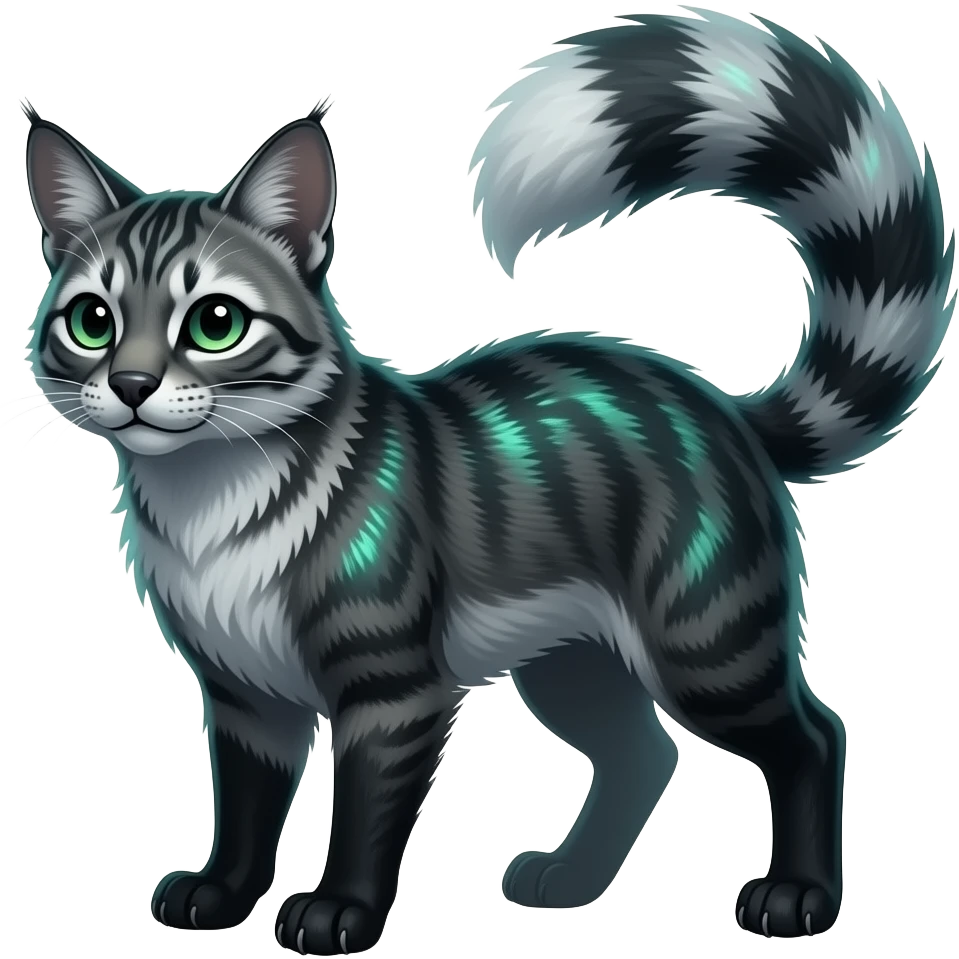 exotic shiny sparkly colorful dark gloomy ghostly spooky greyish blackish green cyan toned colored fantasy-Cacomistle-tanuki-oncilla-caracal-animal-hybrid (full body) emoji