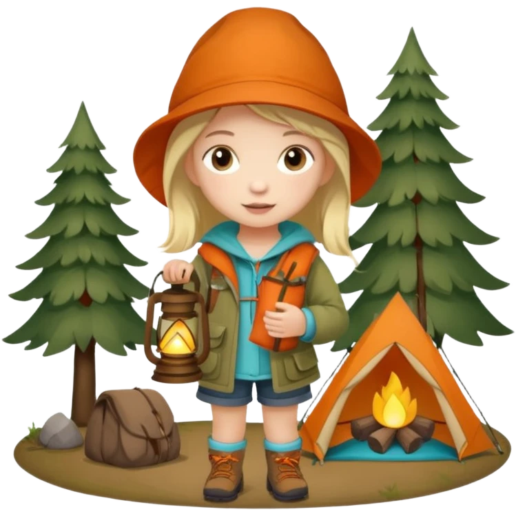 Adorable little girl in camping attire standing beside a tree holding a lantern, looks like it is made of felt texture, scrapbooking style, transparent background emoji