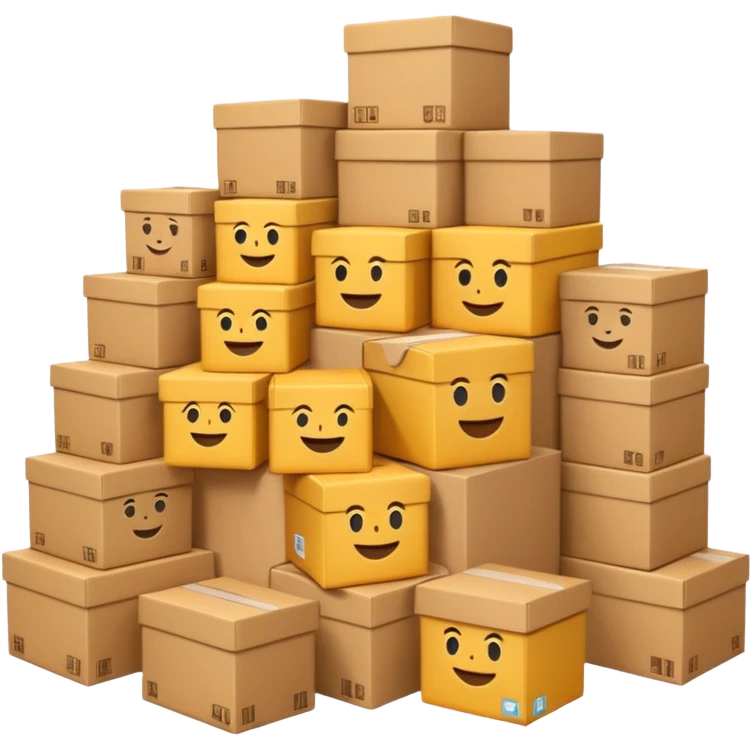 Generate a realistic emoji-style of a overfilled storage room where the packages dont have much space and falling over emoji