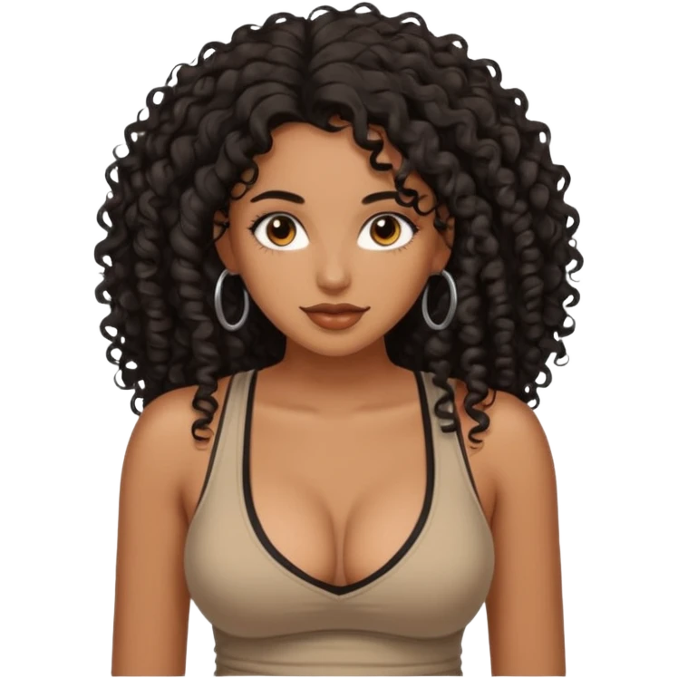 brown skinned lady with curly black hair long hair, messy, nice curves, busty, low cut tank top emoji