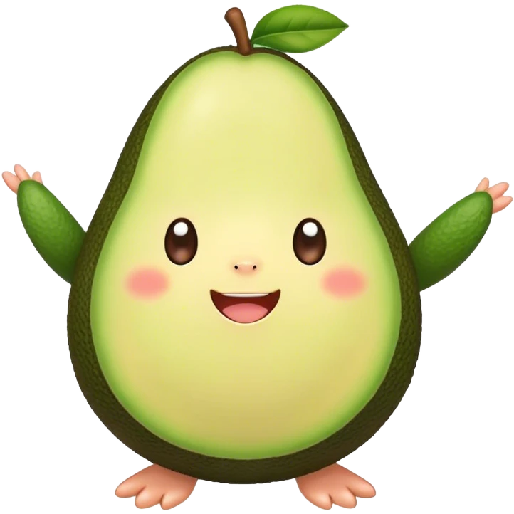 Cute Kawaii Avocado, round and cuddly, soft green with a tiny brown pit, blushing cheeks, a joyful smile, tiny arms outstretched, a warm and healthy glow! emoji