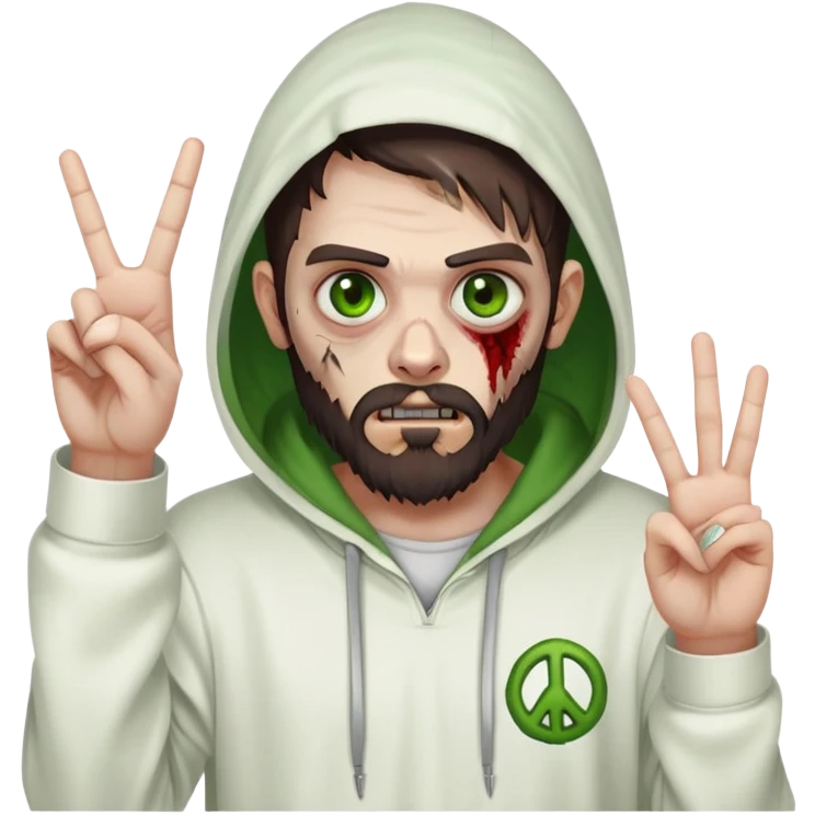 zombie making peace sign, undercut hairstyle with dark brown hair, short full beard, heterochromia with one green eye and one brown eye, wearing plain white hoodie with hood up emoji