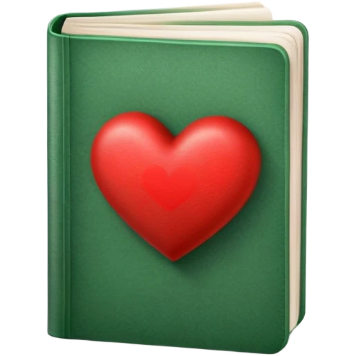 green book standing upright with visible pages and a red heart peeking out from behind the book emoji