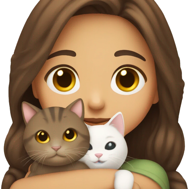 Creat a girl with brown hair and brown eyes smiling holding a cat cuddling it  emoji