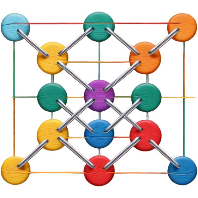 String art icon, colorful threads forming geometric patterns, pins on a board, minimalistic design, clean lines, vibrant colors, transparent background. emoji