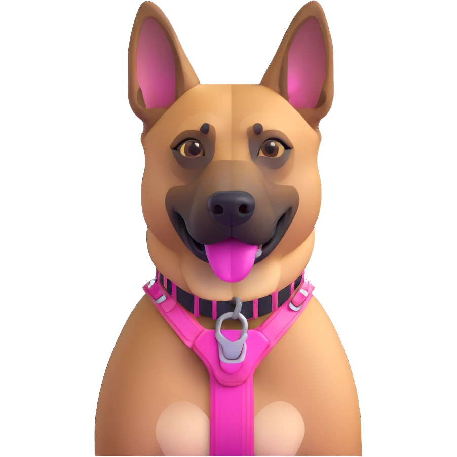 Add a pink harness, pink muzzle, and pink collar to the Belgian Malinois dog, keeping the 3D emoji iOS 18 style emoji