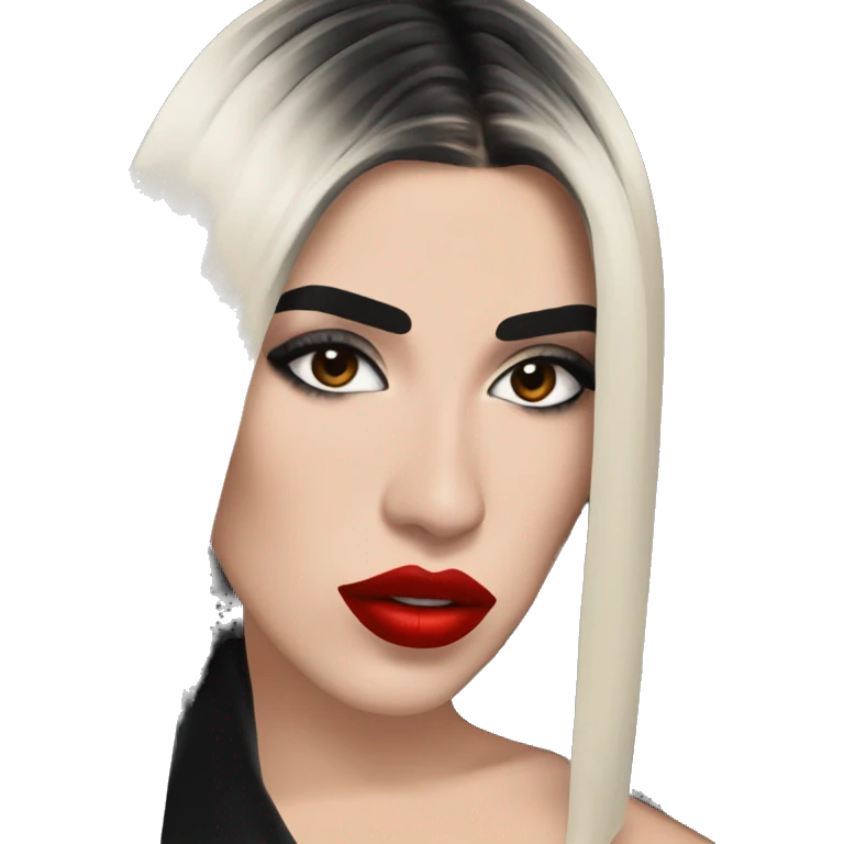 dua lipa with red lipstick, black straight medium long hair, heavy eyeliner emoji