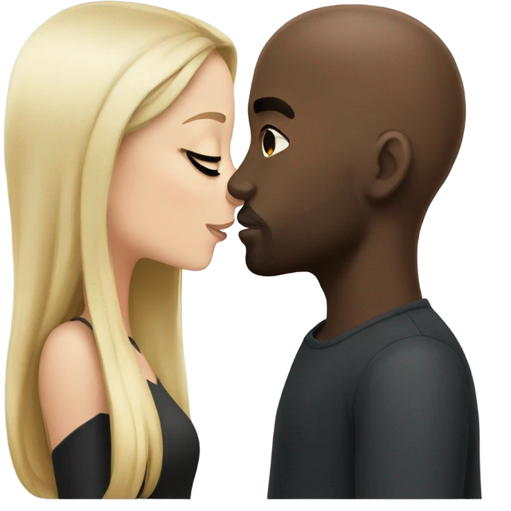 White girl dark hair kissing bald black man emoji