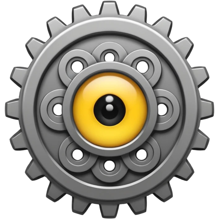 Minimalist emoji-style sticker of a mechanical gear with a realistic eye in the center. Flat graphic icon in grayscale. emoji