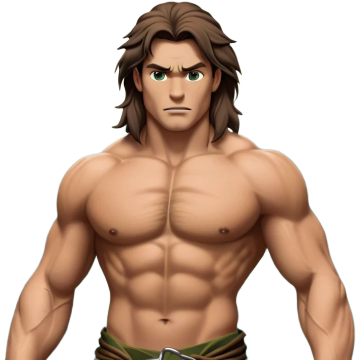 Cinematic Realistic Tarzan Portrait, depicted with lifelike, sun-kissed skin and a robust, muscular form that speaks of raw, untamed power. His piercing, soulful eyes and rugged yet gentle expression are framed by tousled hair, while a backdrop of lush jungle foliage and soft, natural lighting accentuate his primal grace and approachable strength. emoji
