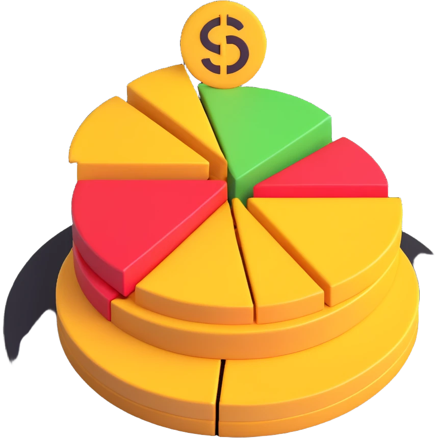 3D style emoji of a pie chart depicting budgeting with sections for savings, needs, and wants emoji