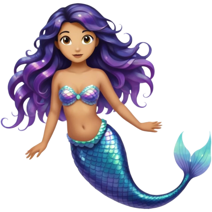 A dark haired mermaid with olive skin, a holographic tail and hazel eyes swimming in ocean emoji