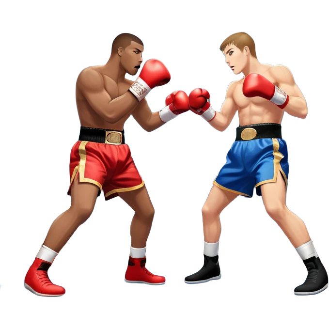  a high-stakes boxing match for the world championship title. Two professional boxers, wearing gloves and championship belts, exchange powerful punches in the center of the ring. The background features a packed arena with bright lights, a roaring crowd, and the championship banner hanging above.  emoji