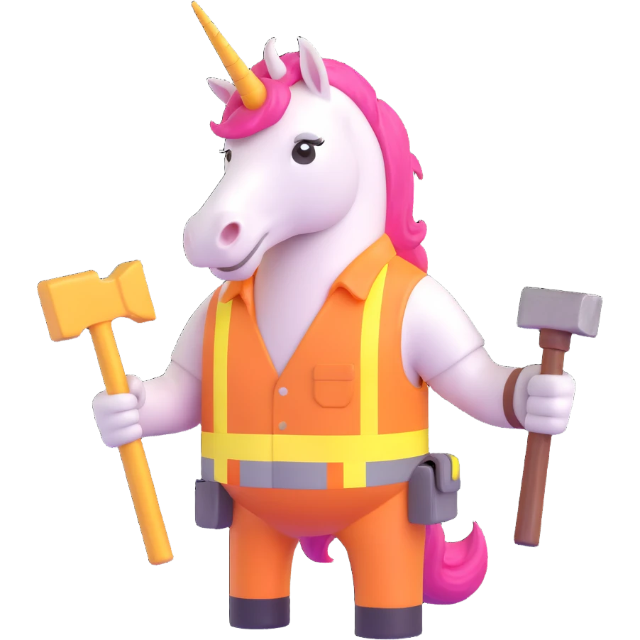 unicorn builder, construction worker unicorn wearing a hard hat and holding a hammer emoji