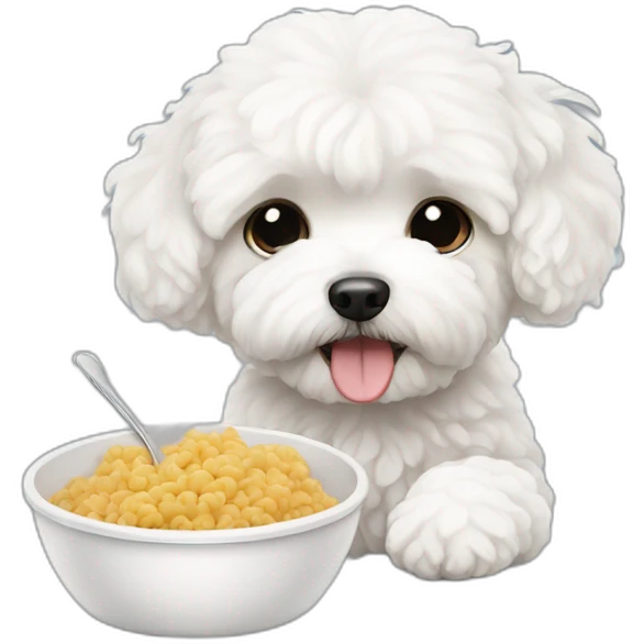 a white maltipoo eating food emoji