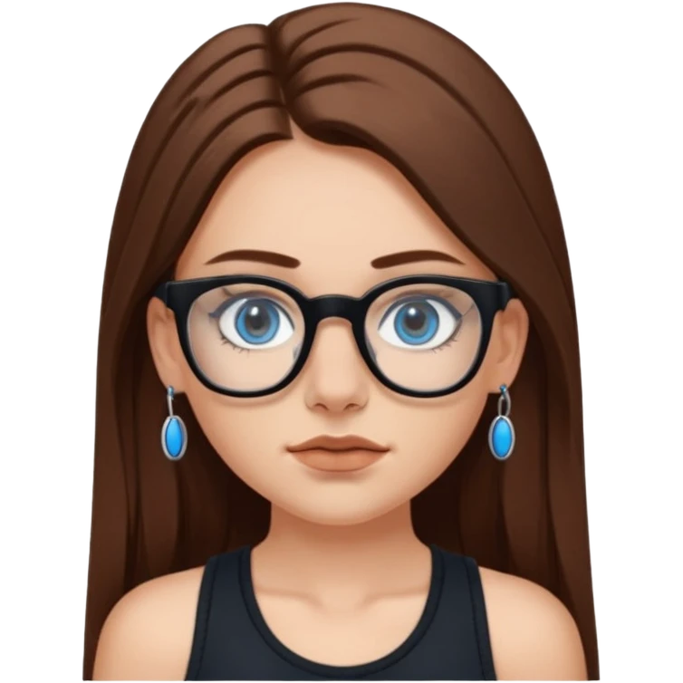 WHITE girl with long brown hair, part going more to the RIGHT side, BLUE eyes, wearing BLACK rectangle plastic frame glasses. SEPTUM nose piercing hoop (at bottom of nose) AND stud nose piercing on right side of nose. Wearing BLACK tank top. emoji
