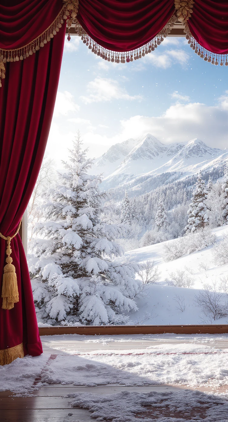 Cinematic still of a winter landcape, snowy, next to stage christmas tree in snow, in background we can see beautifull snowy landscape, soft light, symmetrical, day emoji