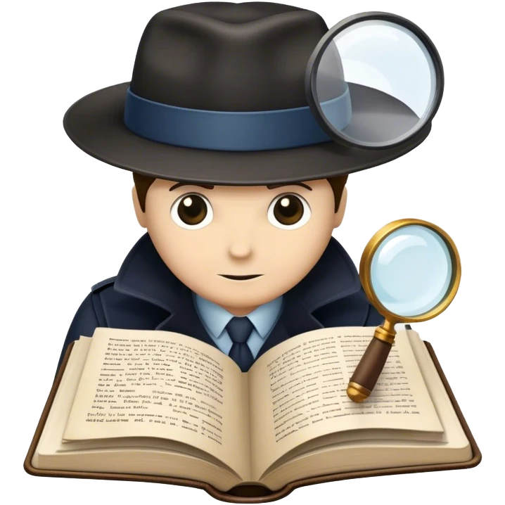 Icon for Detective Reading: an open book with text and a magnifying glass, a detective’s hat and a notebook with clues, surrounded by dark shadows and mysterious elements like footprints. Transparent background. emoji