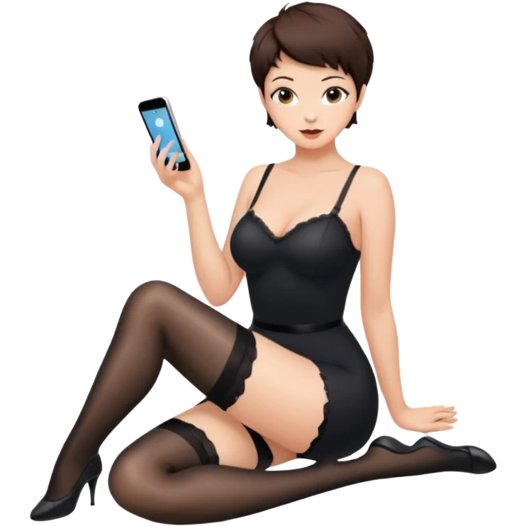 Buxom brunette pixie hair intimate sfw black nylon stocking pose emoji