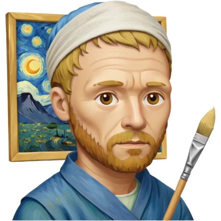 van gogh paints on a canvas. right ear is bandaged. emoji