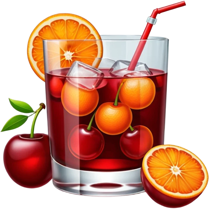 Mach mir einen Cherry Negroni mit viel Eiswürfeln und nur einer Scheibe Orange im Glas und einer Kirsche auf dem Glas emoji