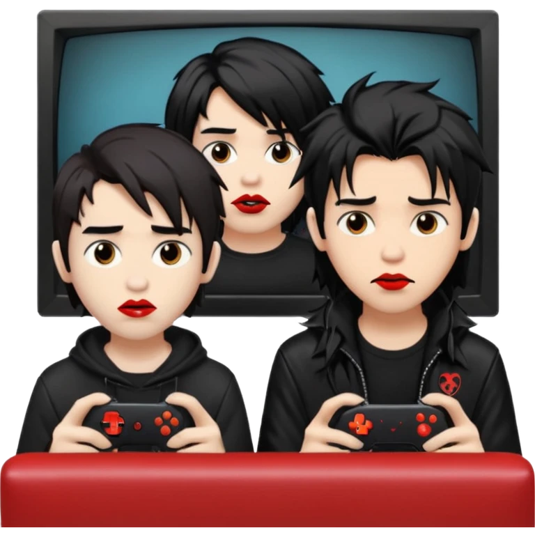 pale Goth boy with a bunch of face piercings, with shaggy dark brown hair, smudged red lipstick next to a Carmel  skin gamer boy with long black hair , they are watching tv together  emoji