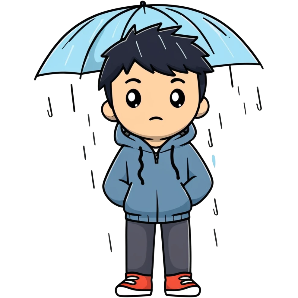 Anime-style teenage boy with dark hair standing in the rain, looking melancholic emoji