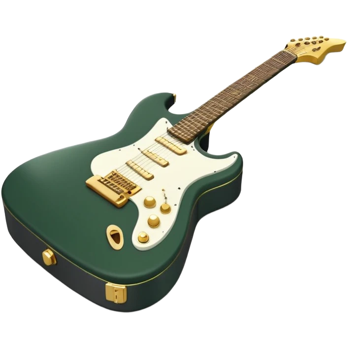 minimalist electric guitar in dark green, closed inside a black rectangular hard case with gold latches, soft matte textures, simplified details, ready-to-play symbol emoji