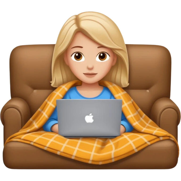 A white girl lies on a sofa under a blanket with a laptop emoji