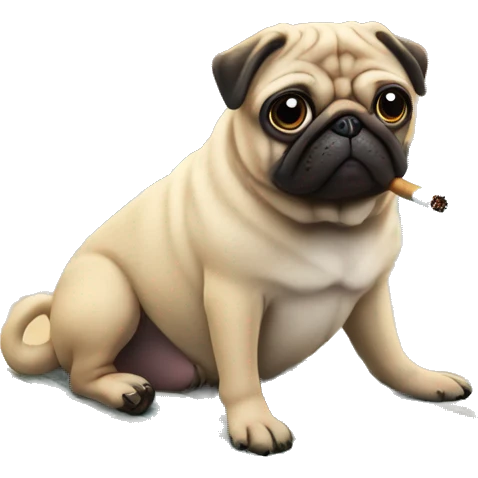 A pug on the beach smoking a cig emoji
