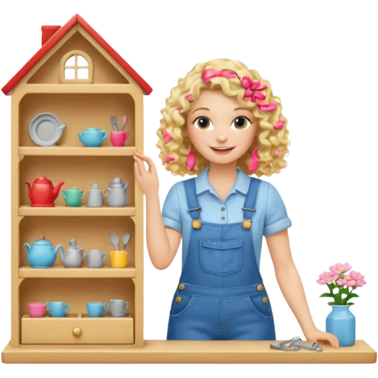 smiling blonde curly woman arranging furniture in doll house with overalls emoji