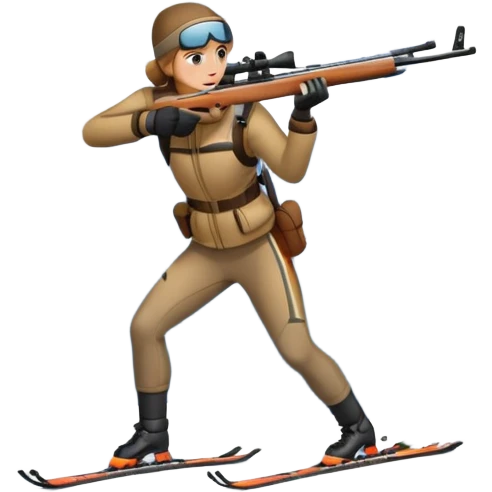 An icon showing a snowy landscape with pine trees, mountains and a clear sky with a biathlete aiming a rifle in the foreground, wearing winter gear and skis. Transparent background emphasizes the precision, endurance, and beauty of this winter sport. emoji